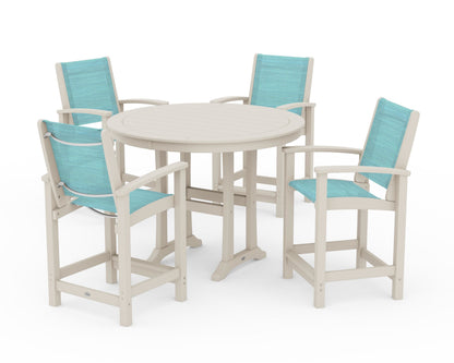 POLYWOOD® Coastal 5-Piece Counter Set in Sand / Dupioni Aquamarine Sling