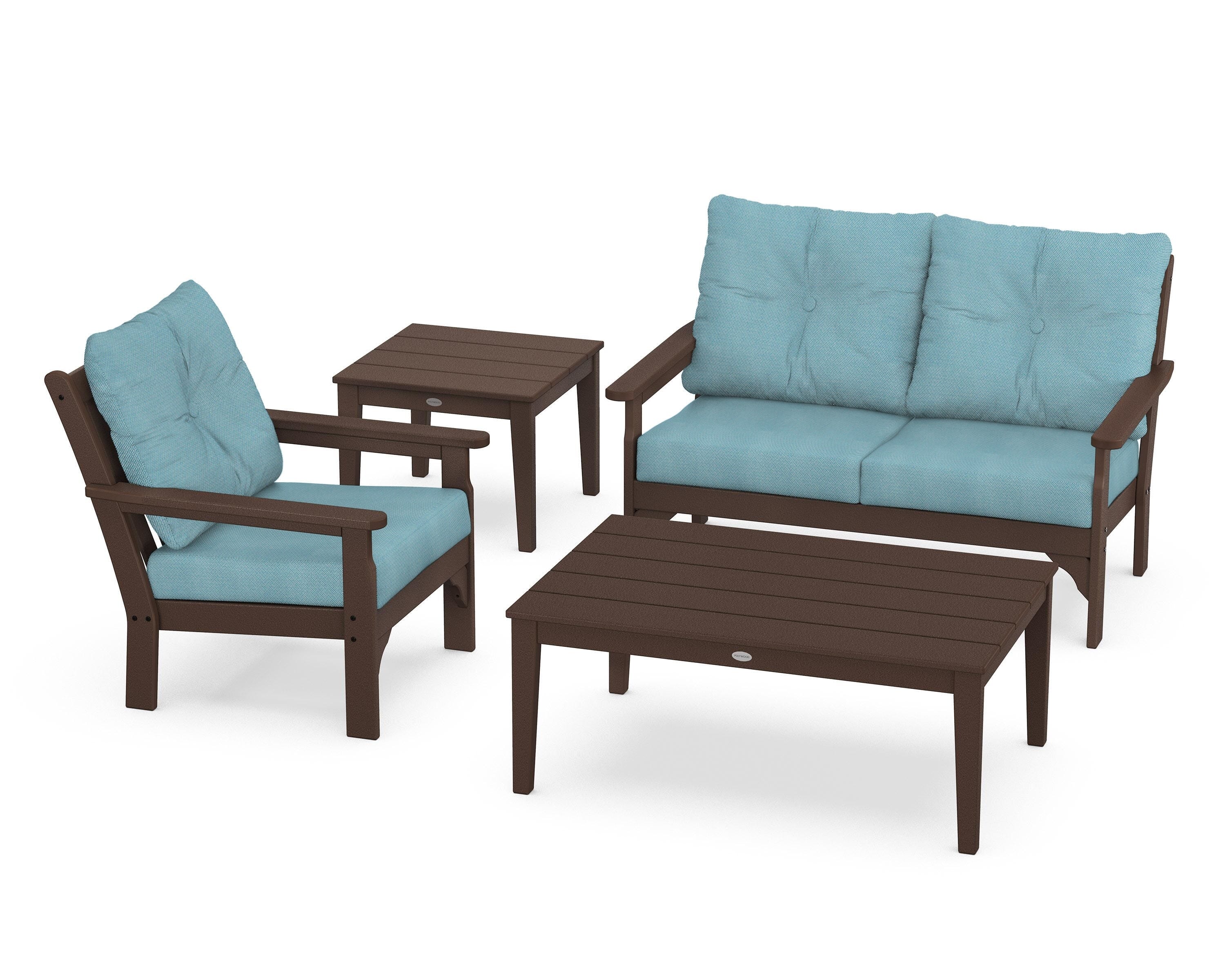 POLYWOOD® Vineyard 4-Piece Deep Seating Set in Mahogany / Lattice Sky Blue