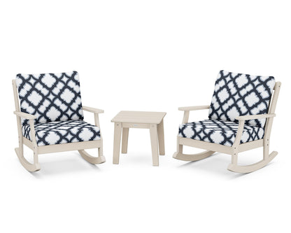 POLYWOOD® Braxton 3-Piece Deep Seating Rocker Set in Sand / Trellis Marine Indigo