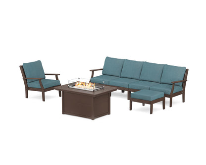POLYWOOD® Braxton Sectional Lounge and Fire Pit Set in Mahogany / Ocean Teal