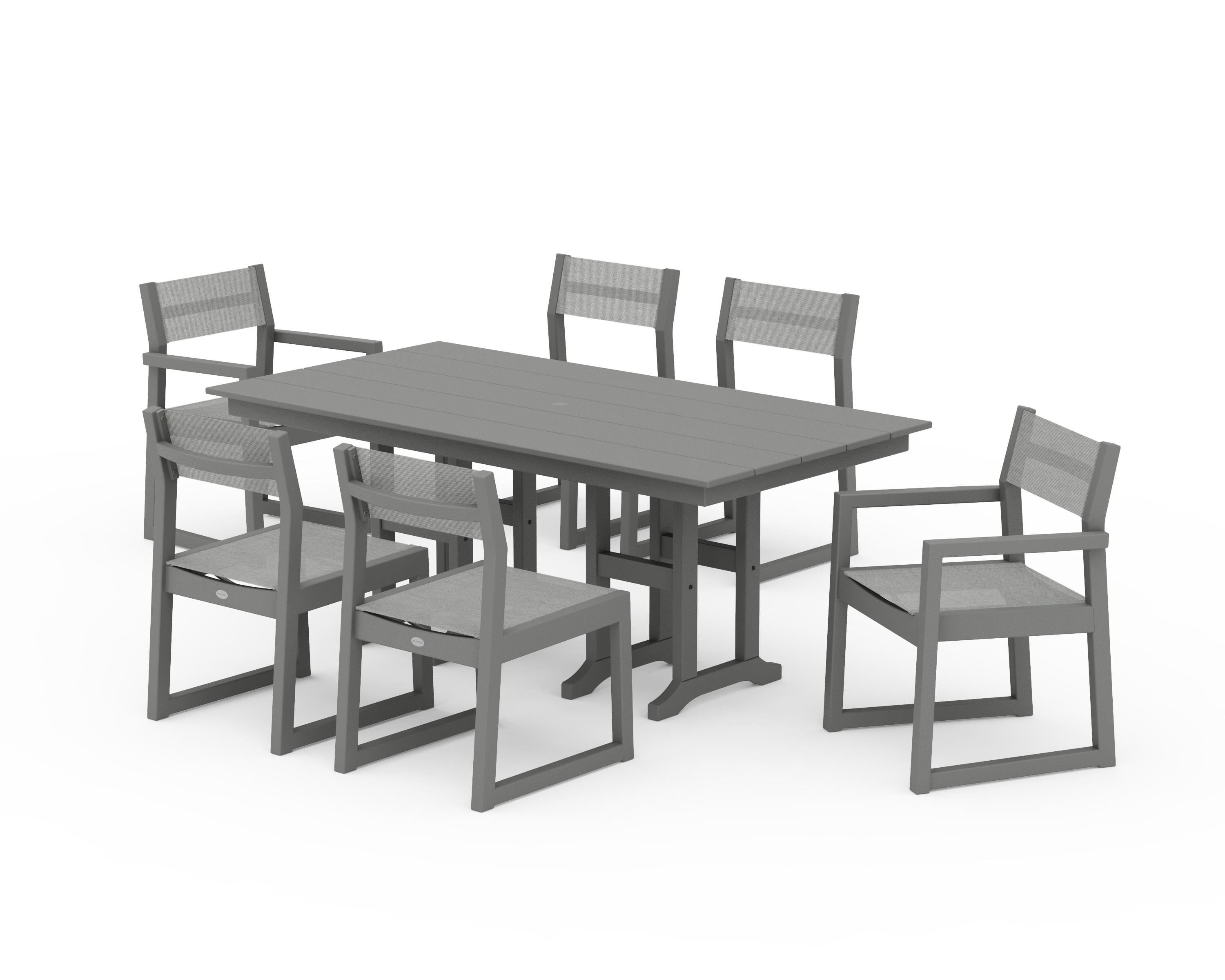 POLYWOOD® EDGE Sling 7-Piece Farmhouse Dining Set in Slate Grey / Metallic Sling