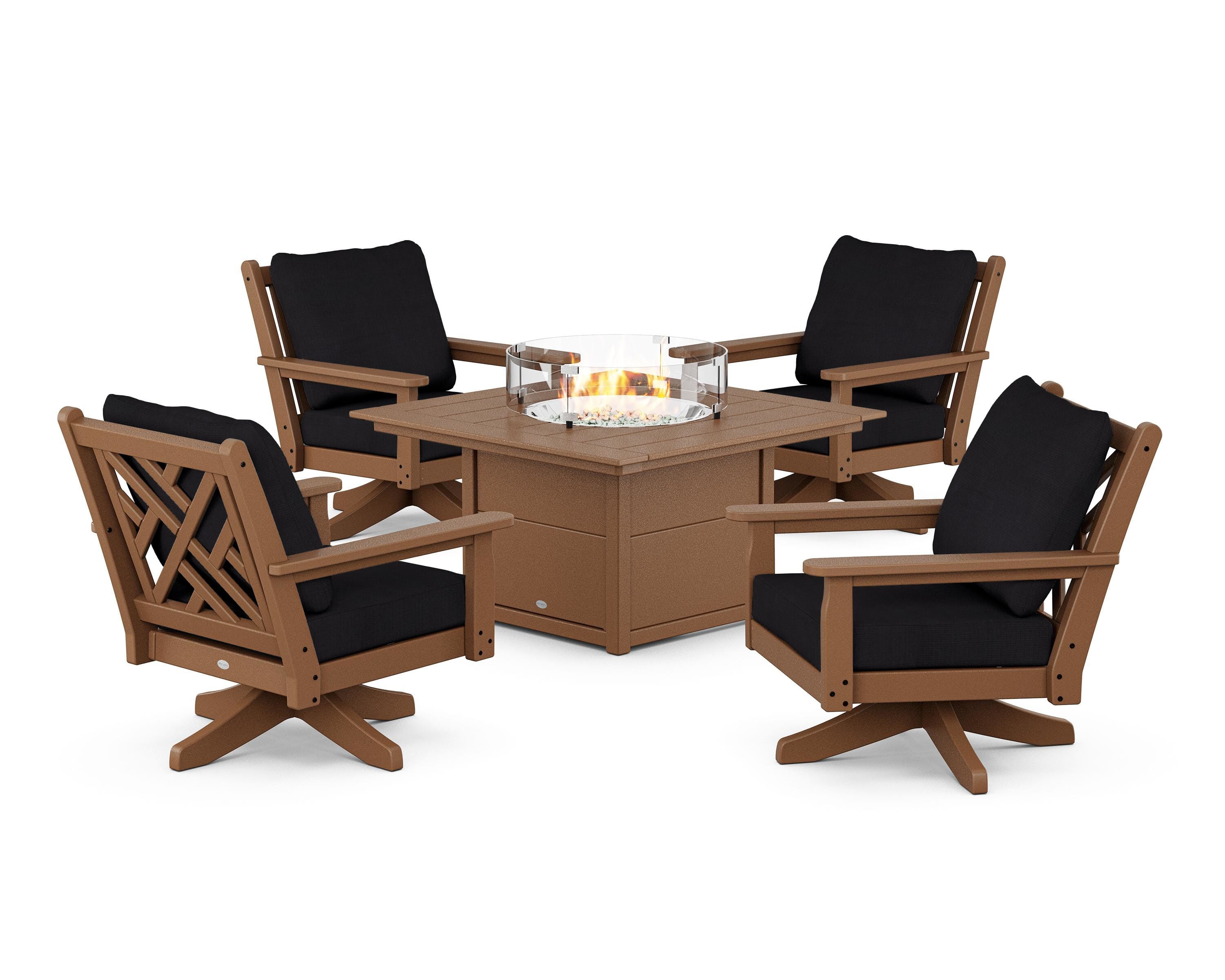 POLYWOOD® Chippendale 5-Piece Deep Seating Swivel Conversation Set with Fire Pit Table in Teak / Midnight Linen