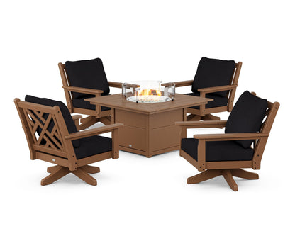 POLYWOOD® Chippendale 5-Piece Deep Seating Swivel Conversation Set with Fire Pit Table in Teak / Midnight Linen