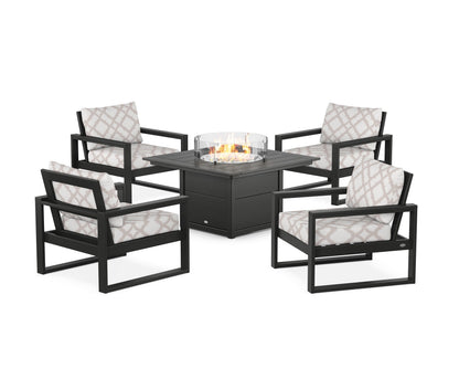 POLYWOOD® EDGE Sectional 5-Piece Deep Seating Set with Fire Pit Table in Black / Trellis Dune Burlap