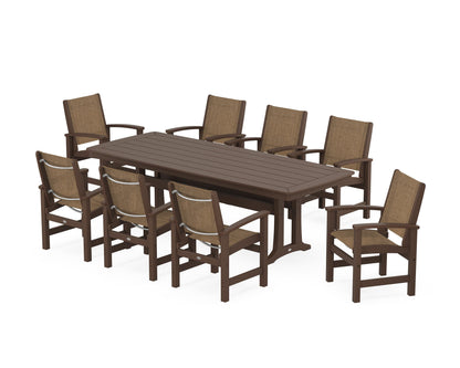 POLYWOOD® Coastal 9-Piece Dining Set with Trestle Legs in Mahogany / Burlap Sling