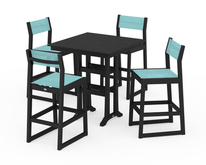 POLYWOOD® EDGE Sling Arm Chair 5-Piece Farmhouse Bar Set with Trestle Legs in Black / Dupioni Aquamarine Sling