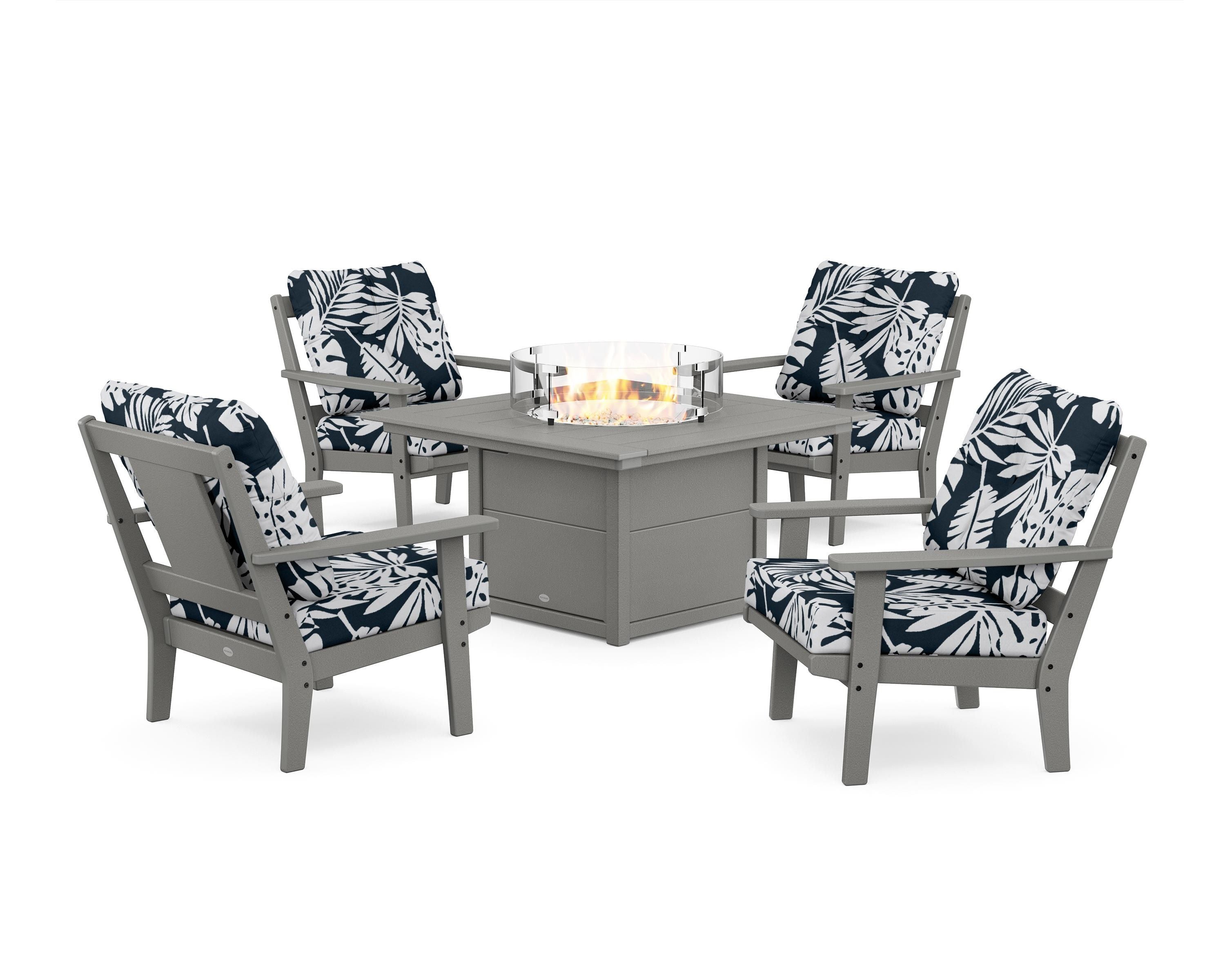 POLYWOOD® Prairie 5-Piece Deep Seating Set with Fire Pit Table in Slate Grey / Leaf Marine Indigo