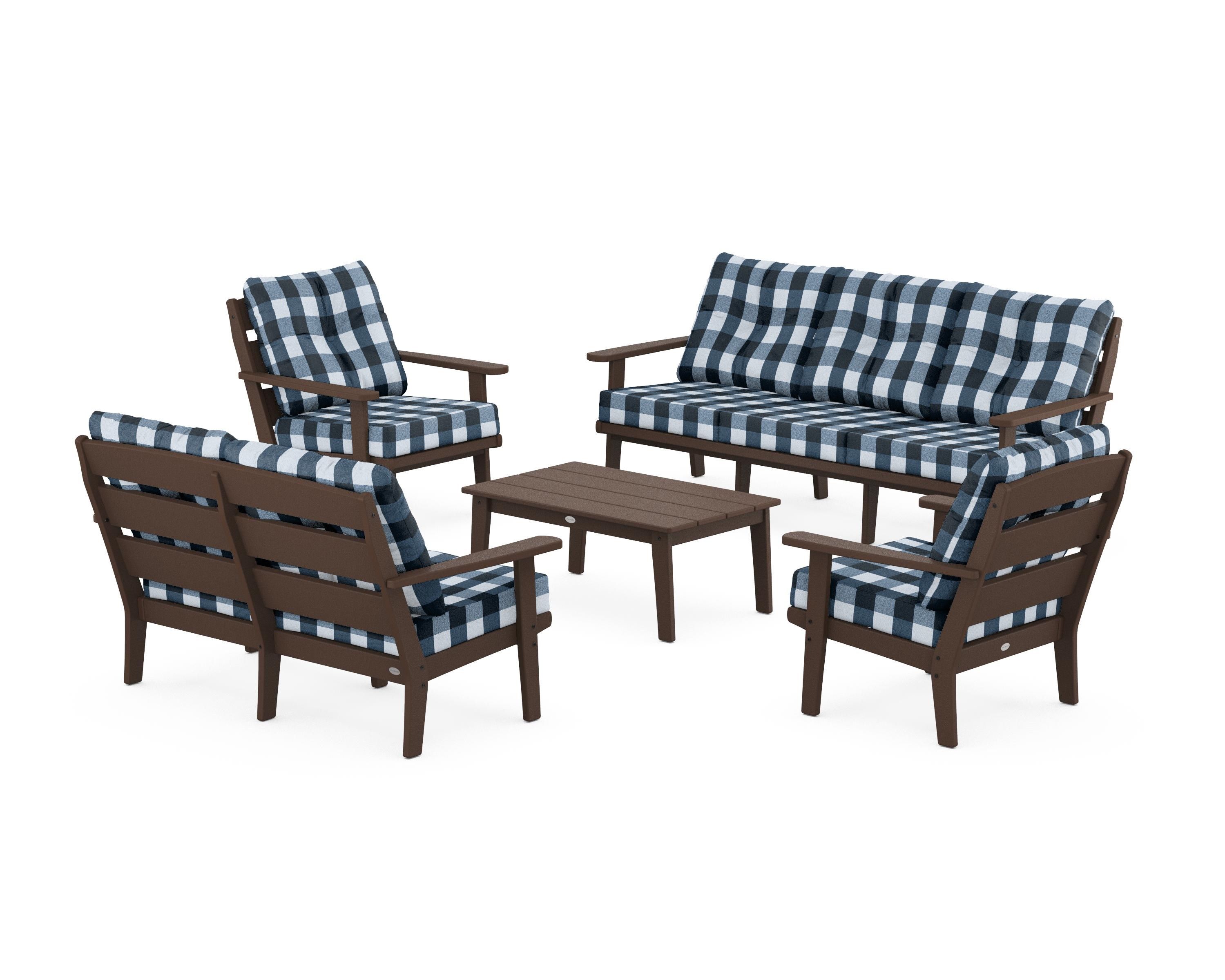 POLYWOOD® Lakeside 5-Piece Lounge Sofa Set in Mahogany / Buffalo Plaid Marine Indigo