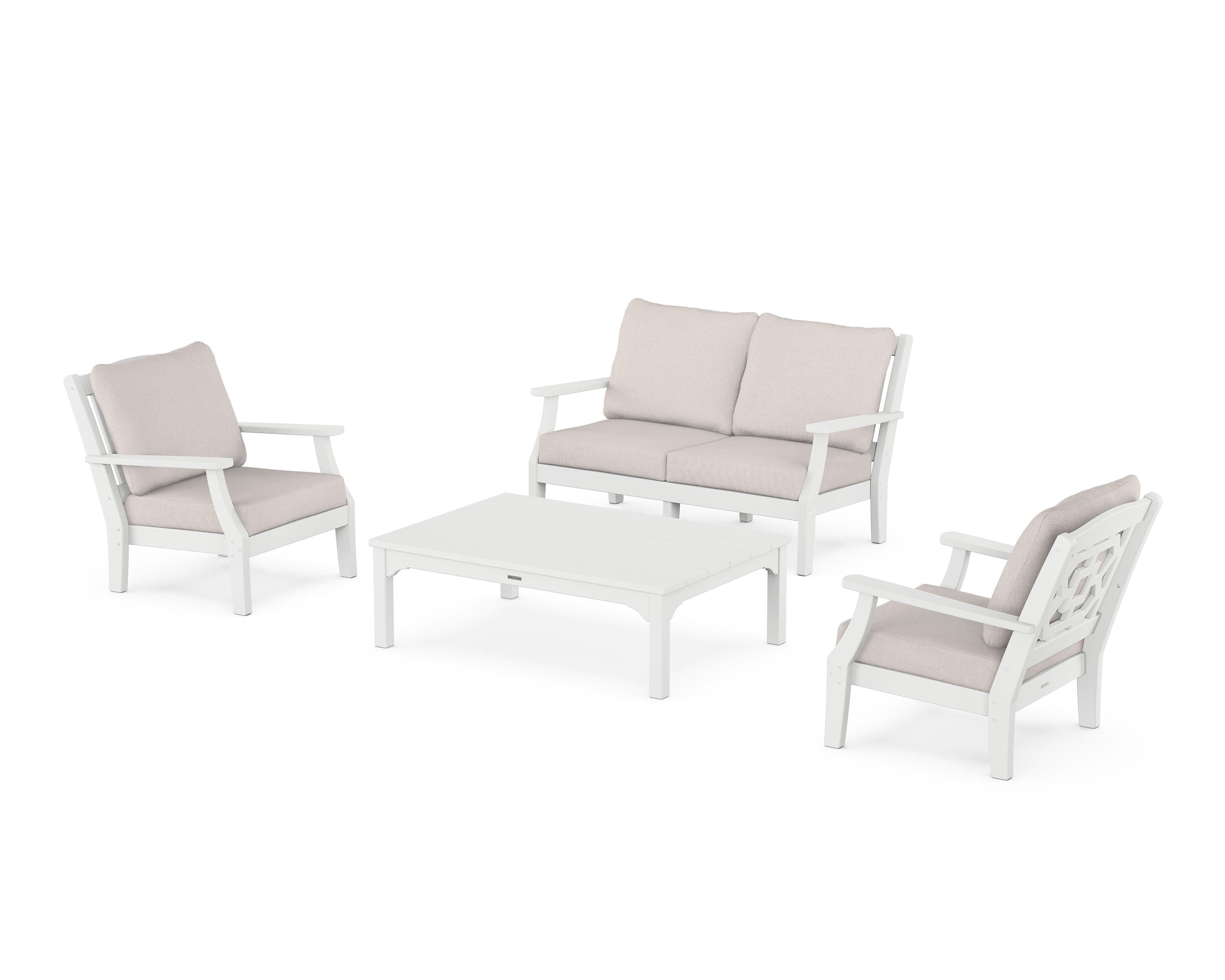 Martha Stewart by POLYWOOD® Chinoiserie 4-Piece Deep Seating Set with Loveseat in White / Dune Burlap
