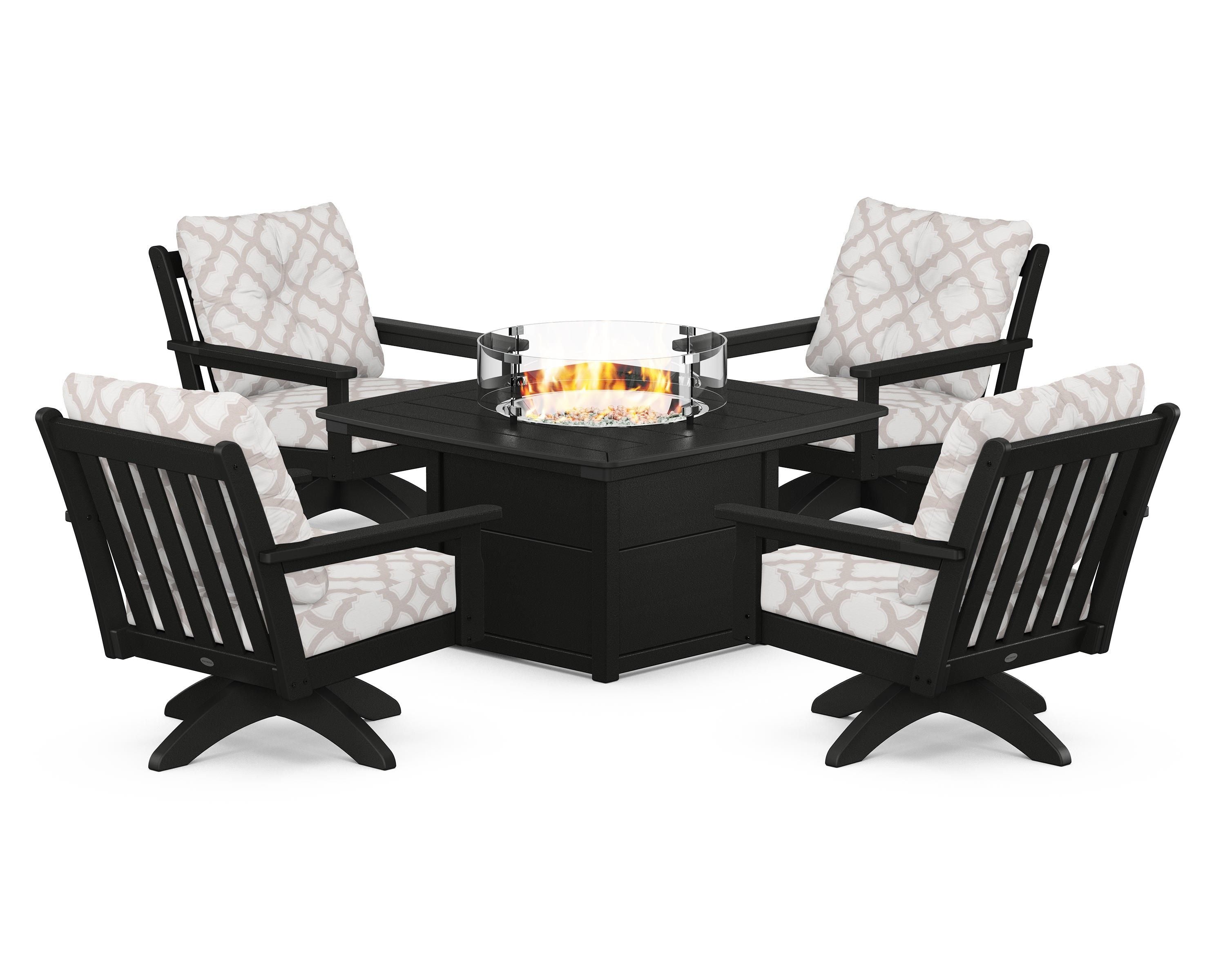 POLYWOOD® Vineyard 5-Piece Deep Seating Swivel Conversation Set with Fire Pit Table in Black / Trellis Dune Burlap