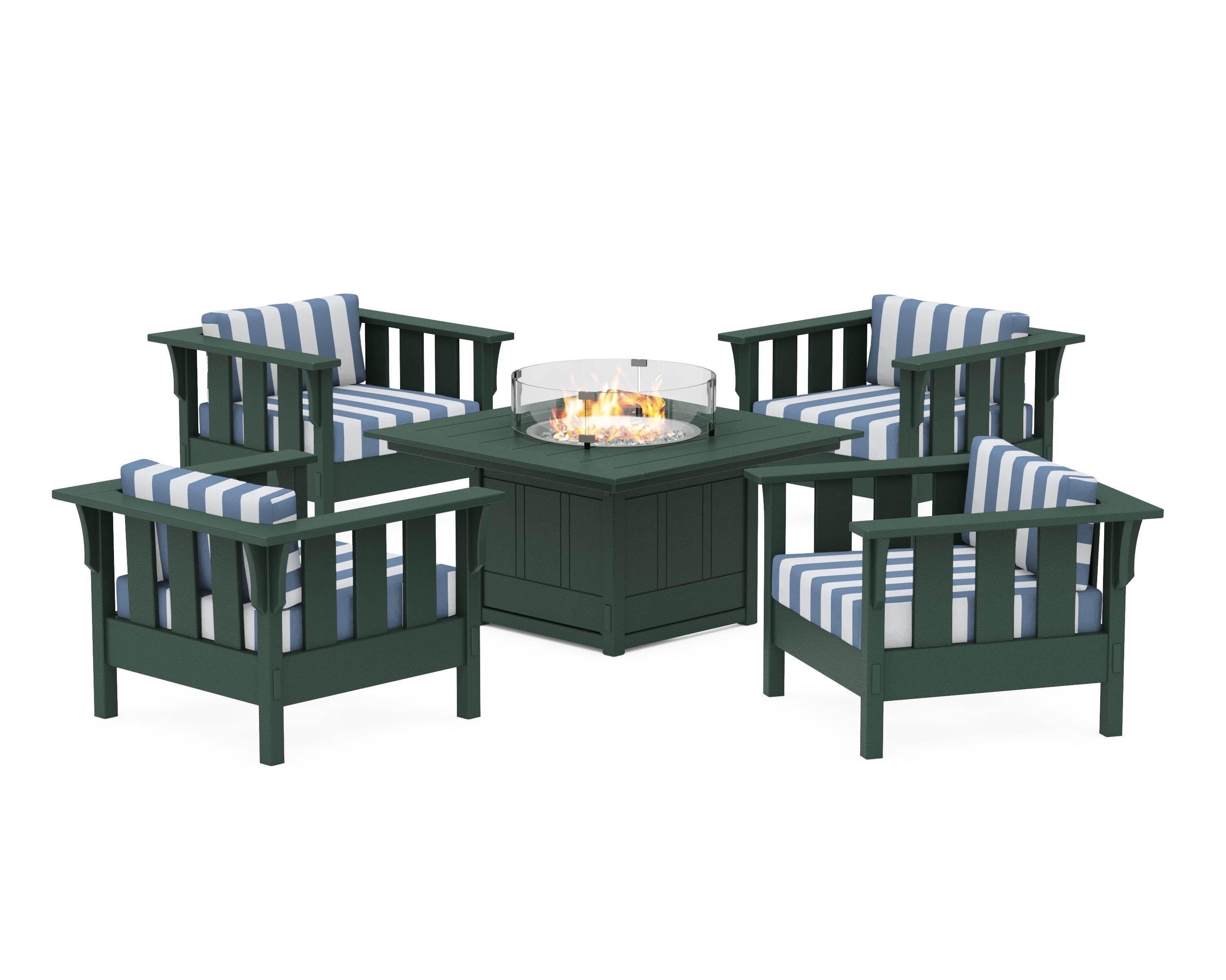 Martha Stewart by POLYWOOD® Acadia 5-Piece Deep Seating Set with Fire Pit Table in Green / Cabana Stripe Sky Blue