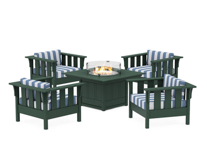 Martha Stewart by POLYWOOD® Acadia 5-Piece Deep Seating Set with Fire Pit Table in Green / Cabana Stripe Sky Blue