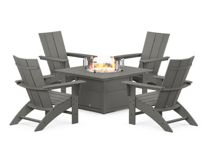 POLYWOOD® Modern Curveback Adirondack 5-Piece Conversation Set with Fire Pit Table in Slate Grey