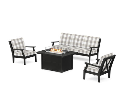 POLYWOOD® Braxton Deep Seating Fire Pit Table Set in Black / Buffalo Plaid Grey Mist