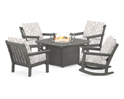 POLYWOOD® Vineyard 5-Piece Deep Seating Rocking Chair Conversation Set with Fire Pit Table in Slate Grey / Trellis Dune Burlap