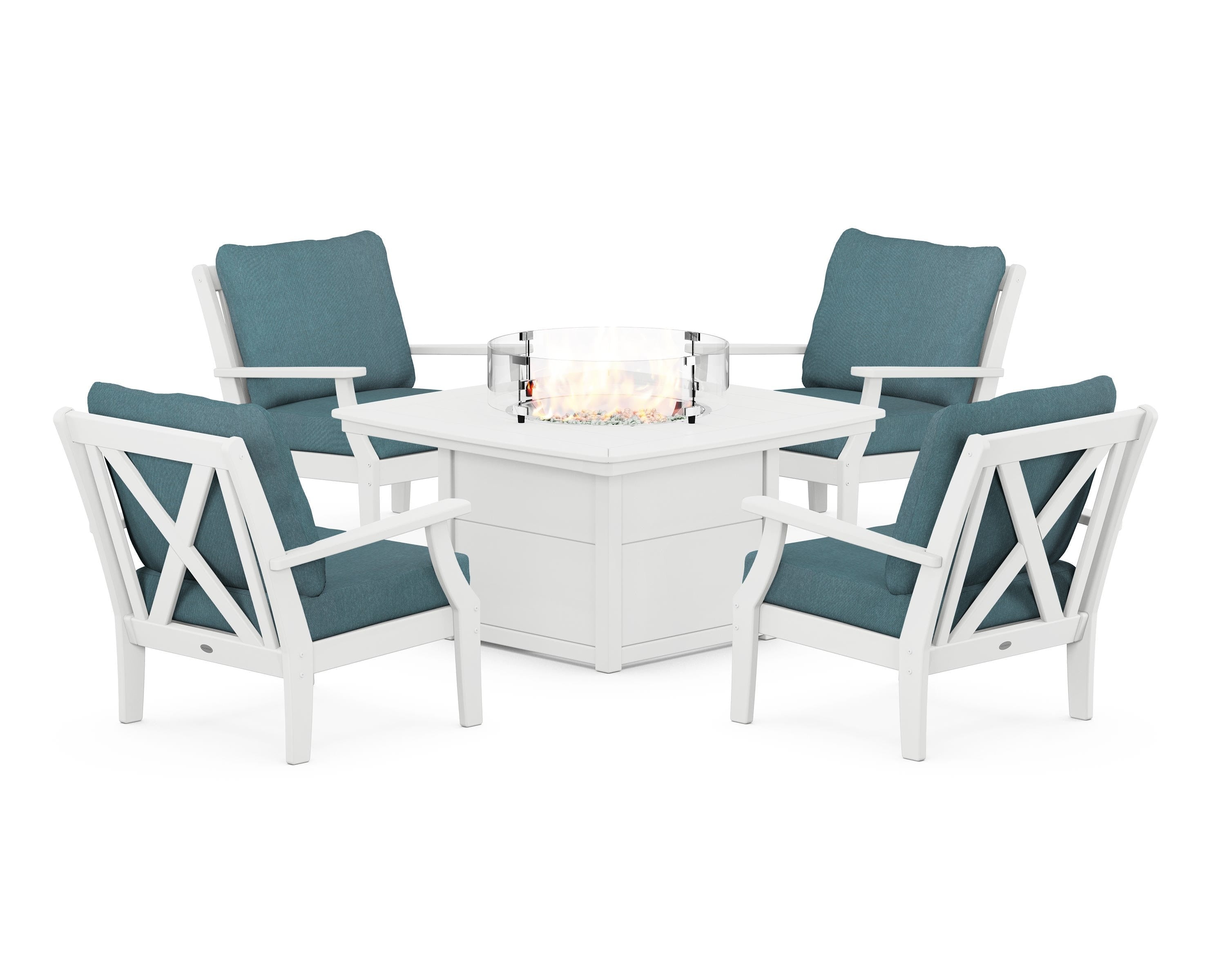 POLYWOOD® Braxton 5-Piece Deep Seating Conversation Set with Fire Pit Table in White / Ocean Teal
