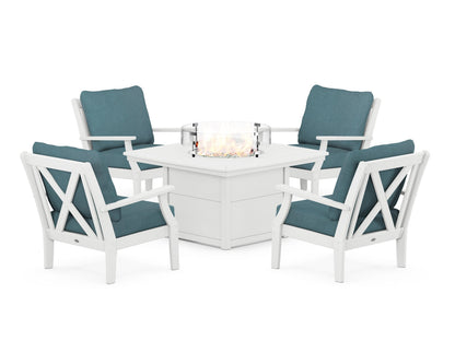 POLYWOOD® Braxton 5-Piece Deep Seating Conversation Set with Fire Pit Table in White / Ocean Teal