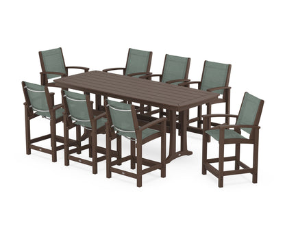 POLYWOOD® Coastal 9-Piece Counter Set with Trestle Legs in Mahogany / Dupioni Sea Mist Sling