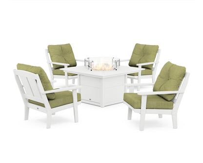 POLYWOOD® Mission 5-Piece Deep Seating Set with Fire Pit Table in White / Chartreuse Boucle