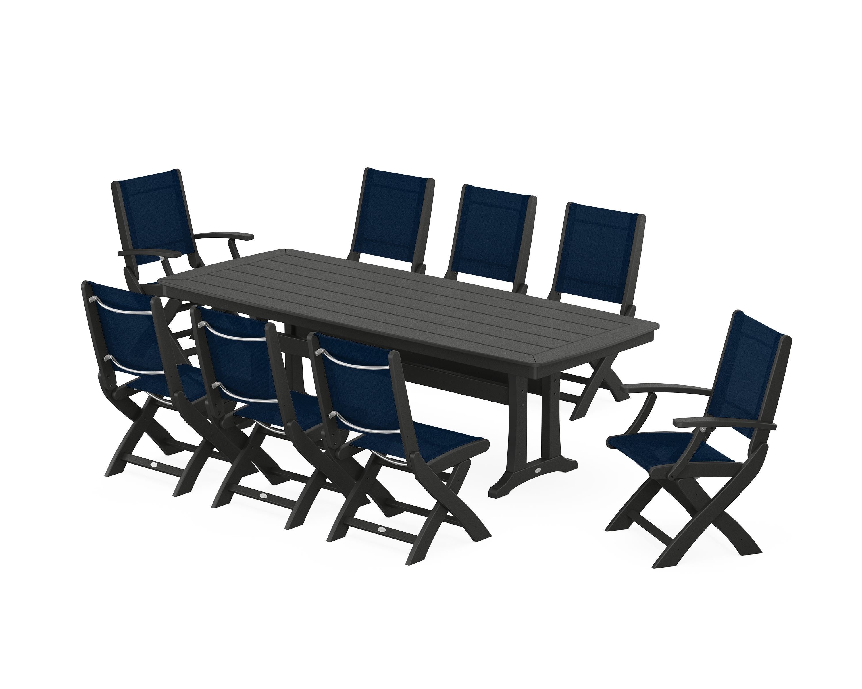 POLYWOOD® Coastal Folding 9-Piece Dining Set with Trestle Legs in Black / Navy Blue Sling