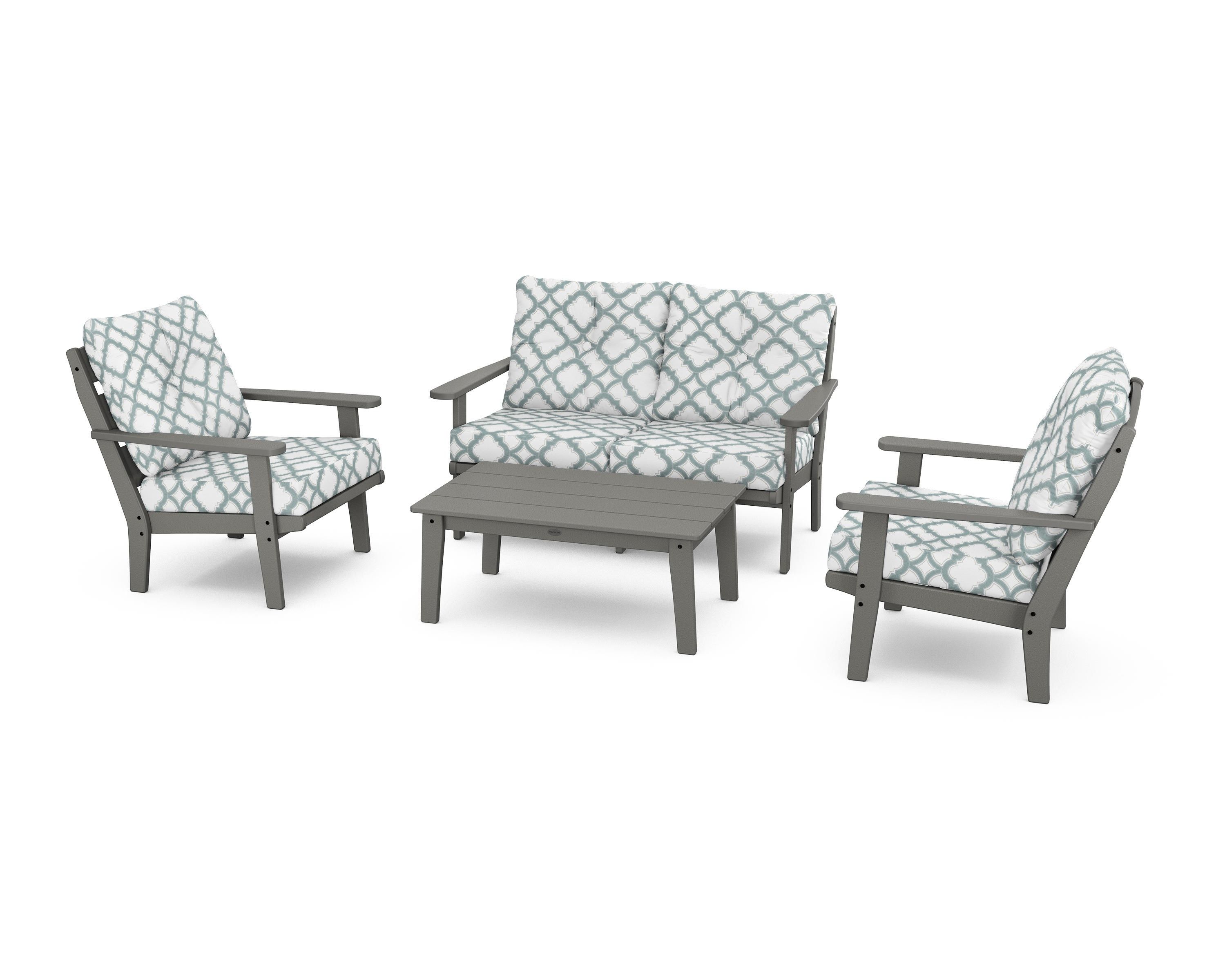 POLYWOOD® Lakeside 4-Piece Deep Seating Set in Slate Grey / Trellis Glacier Spa