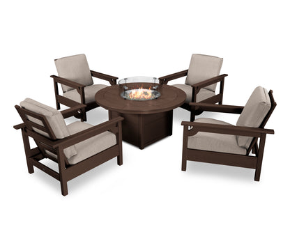 POLYWOOD® Club 5-Piece Conversation Set with Fire Pit Table in Mahogany / Cast Ash