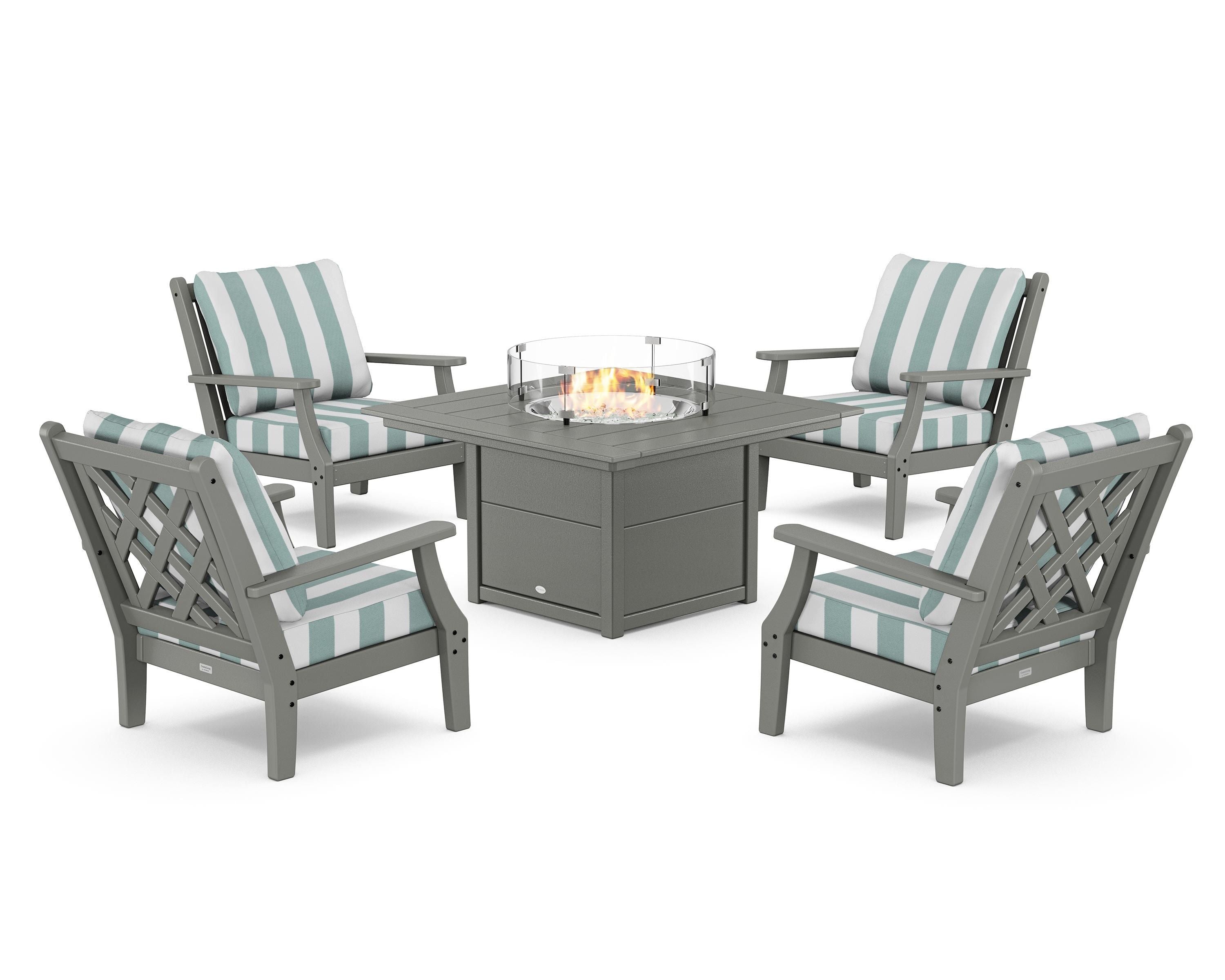 Country Living Wovendale 5-Piece Deep Seating Set with Fire Pit Table in Slate Grey / Cabana Stripe Glacier Spa