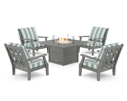 Country Living Wovendale 5-Piece Deep Seating Set with Fire Pit Table in Slate Grey / Cabana Stripe Glacier Spa