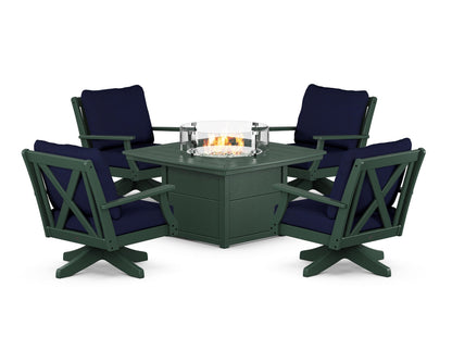 POLYWOOD® Braxton 5-Piece Deep Seating Swivel Conversation Set with Fire Pit Table in Green / Navy