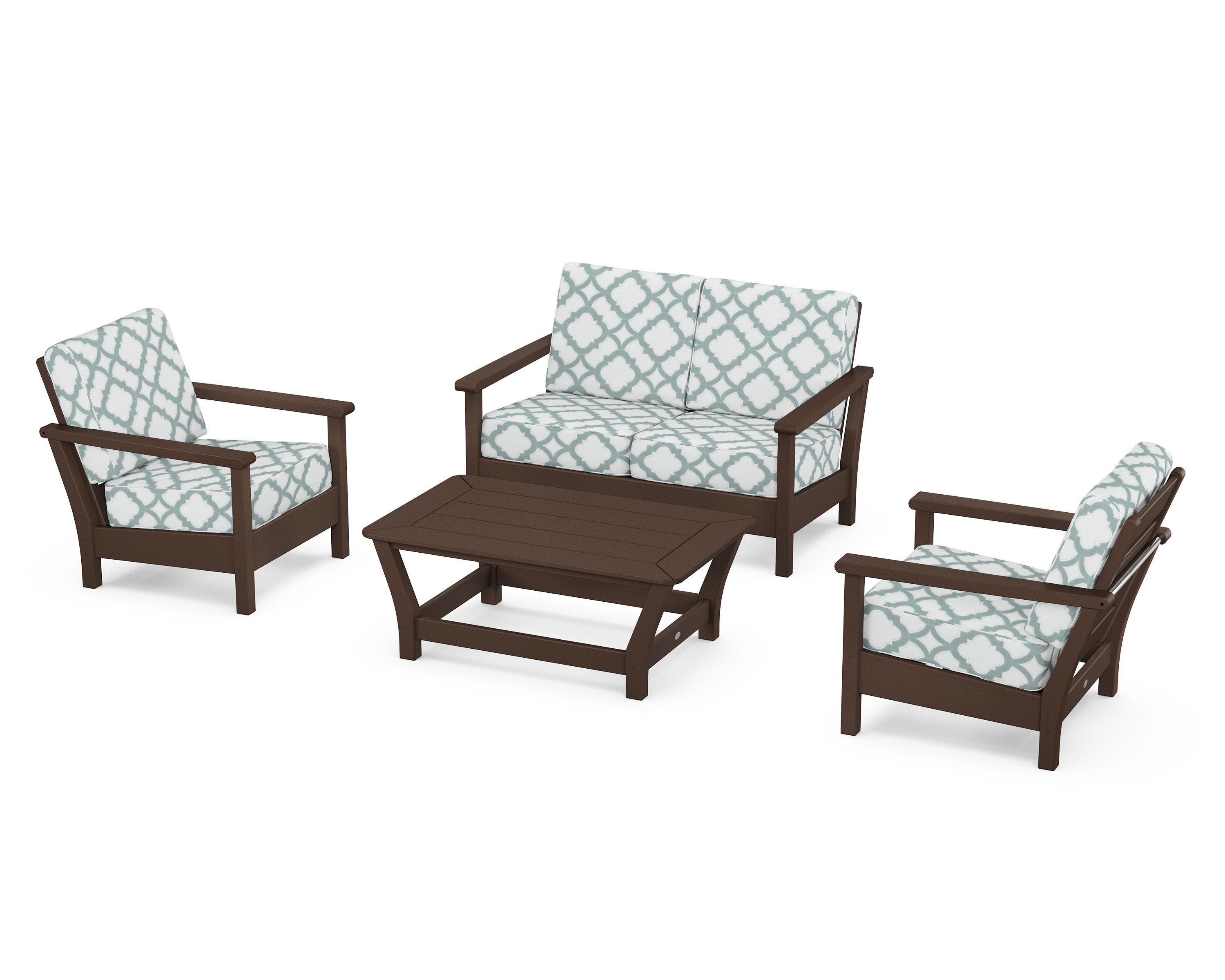 POLYWOOD® Harbour 4-Piece Deep Seating Set in Mahogany / Trellis Glacier Spa