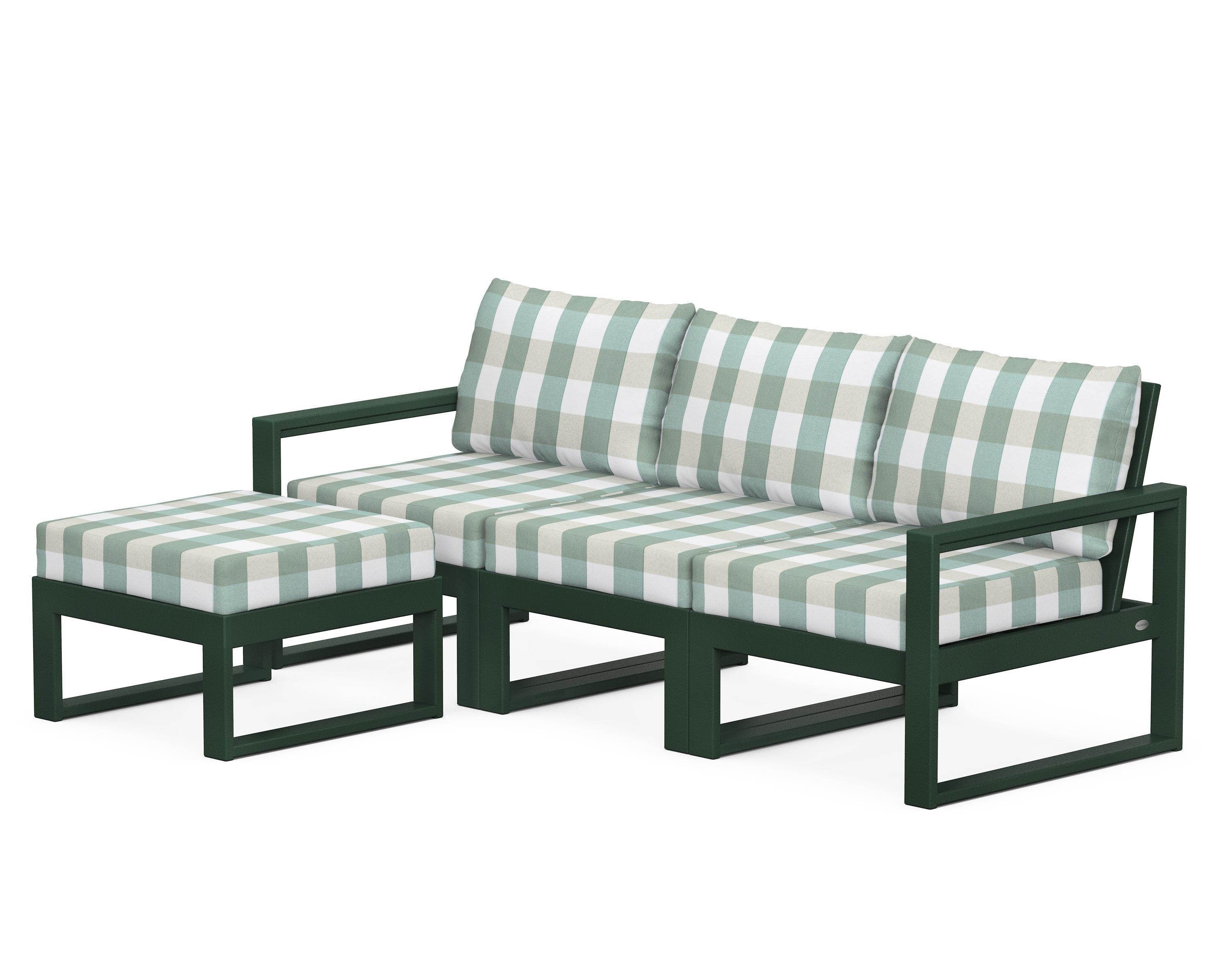 POLYWOOD® EDGE 4-Piece Modular Deep Seating Set with Ottoman in Green / Buffalo Plaid Glacier Spa