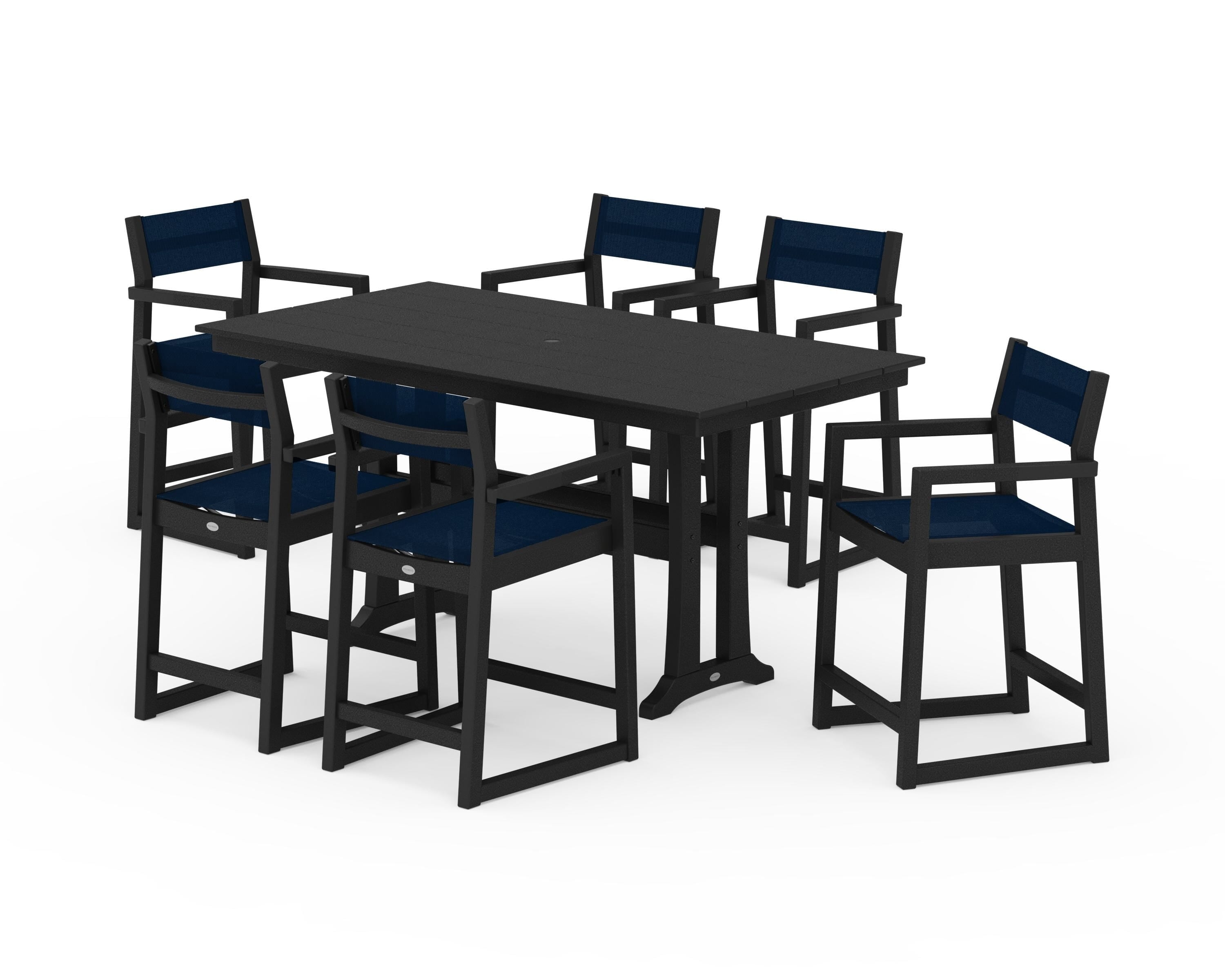 POLYWOOD® EDGE Sling Arm Chair 7-Piece Farmhouse Counter Set with Trestle Legs in Black / Navy Blue Sling