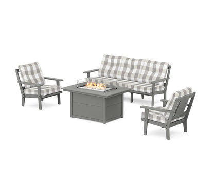 POLYWOOD® Prairie Deep Seating Fire Pit Table Set in Slate Grey / Buffalo Plaid Grey Mist