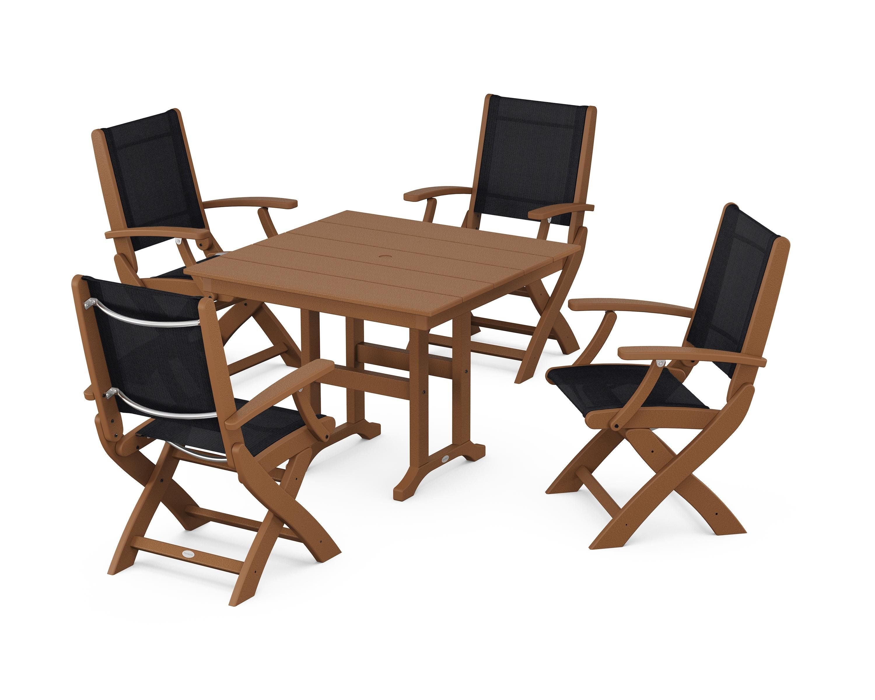 POLYWOOD® Coastal Folding Chair 5-Piece Farmhouse Dining Set in Teak / Black Sling
