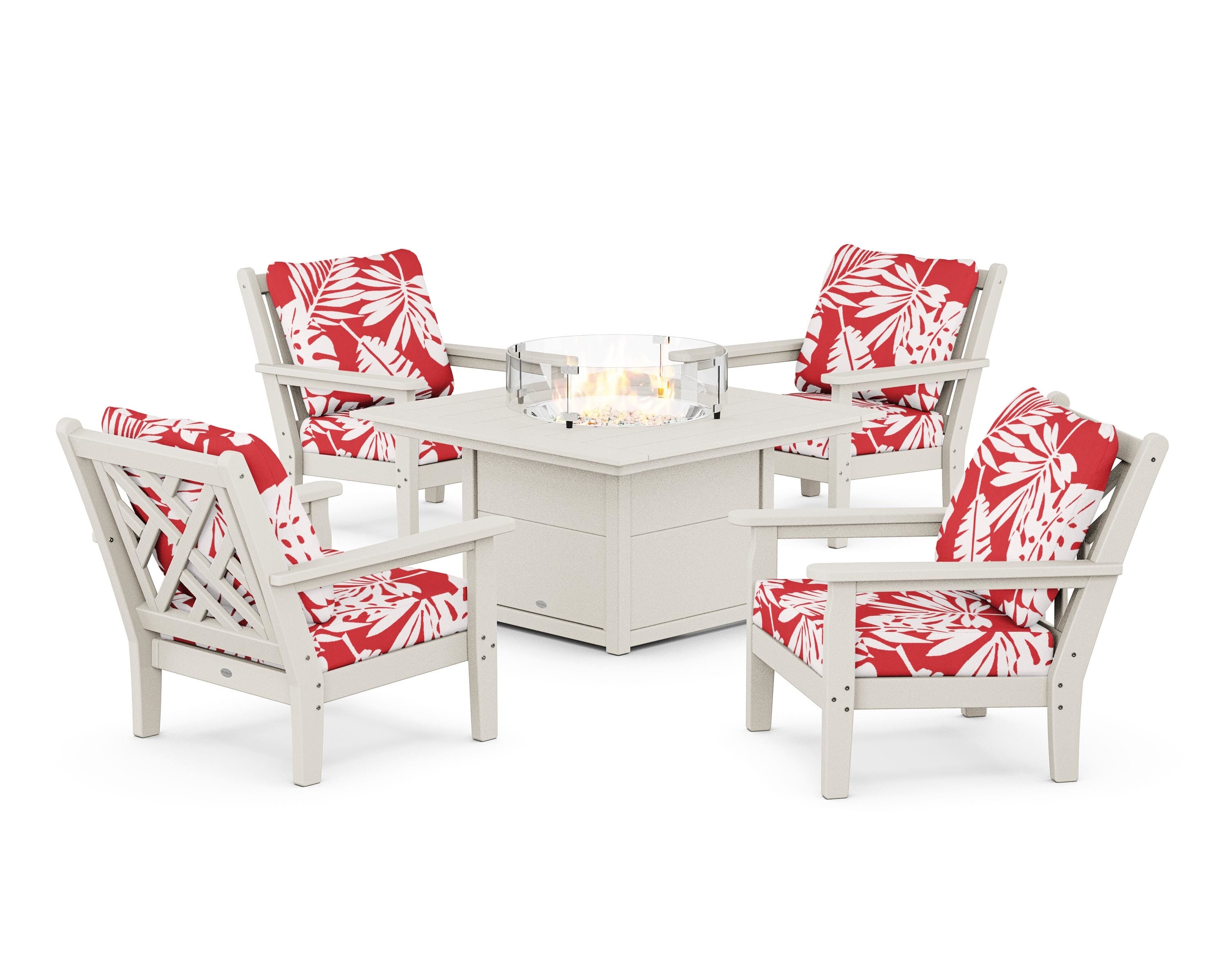 POLYWOOD® Chippendale 5-Piece Deep Seating Set with Fire Pit Table in Sand / Leaf Crimson