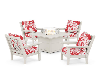 POLYWOOD® Chippendale 5-Piece Deep Seating Set with Fire Pit Table in Sand / Leaf Crimson