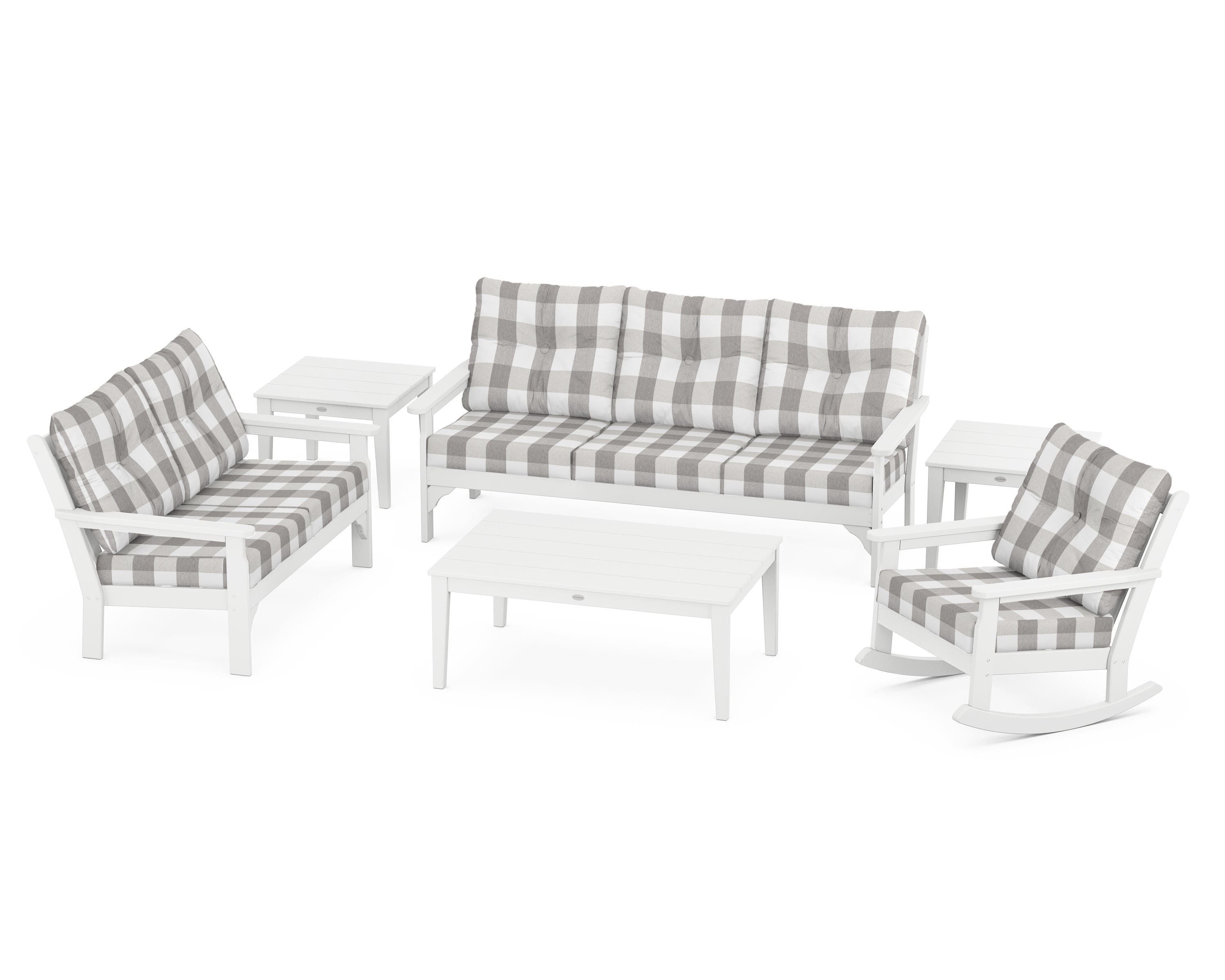 POLYWOOD® Vineyard 6-Piece Deep Seating Set in White / Buffalo Plaid Grey Mist