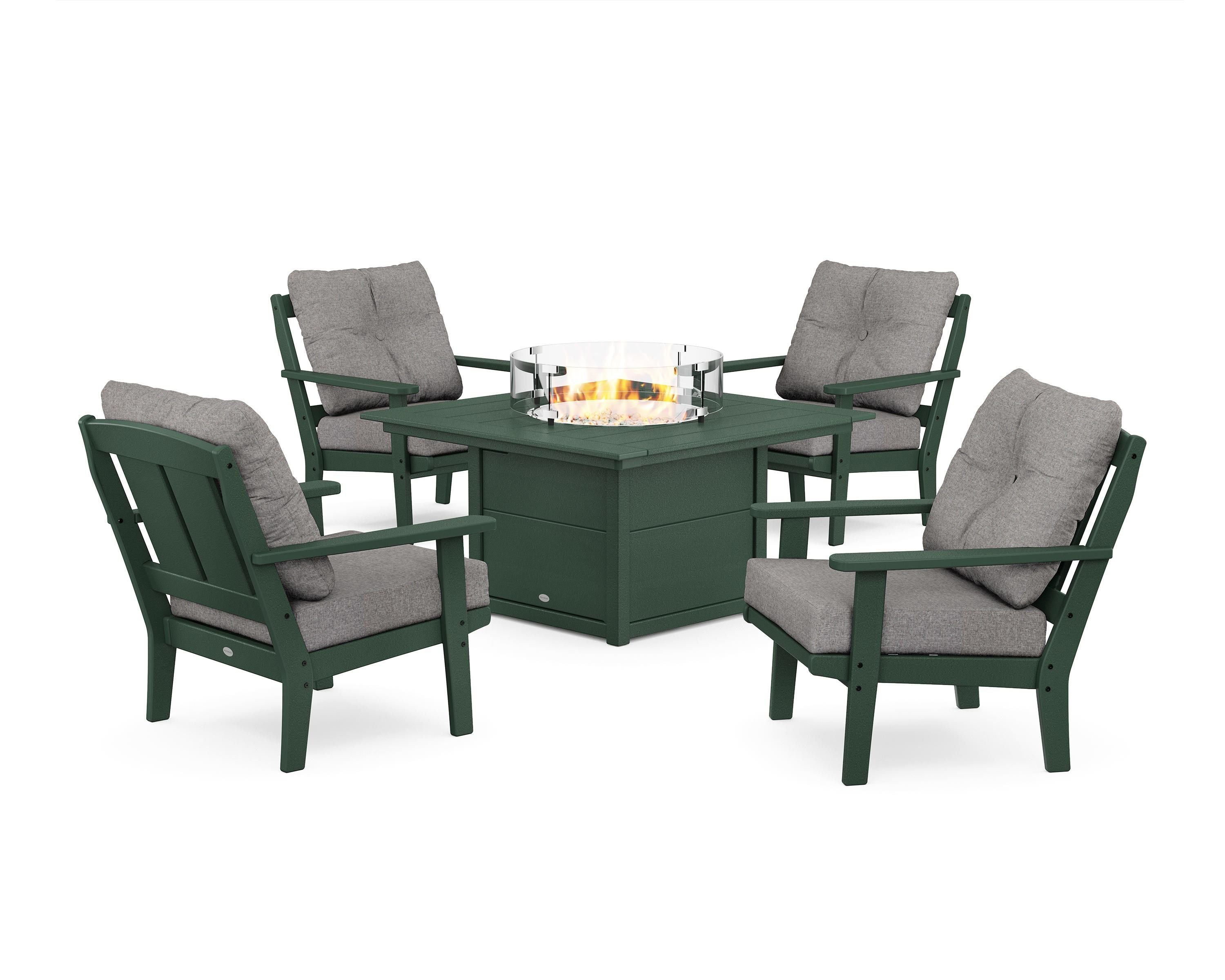POLYWOOD® Mission 5-Piece Deep Seating Set with Fire Pit Table in Green / Grey Mist