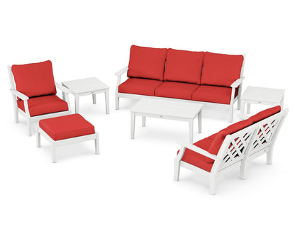 Country Living Wovendale 7-Piece Deep Seating Set in White / Crimson Linen