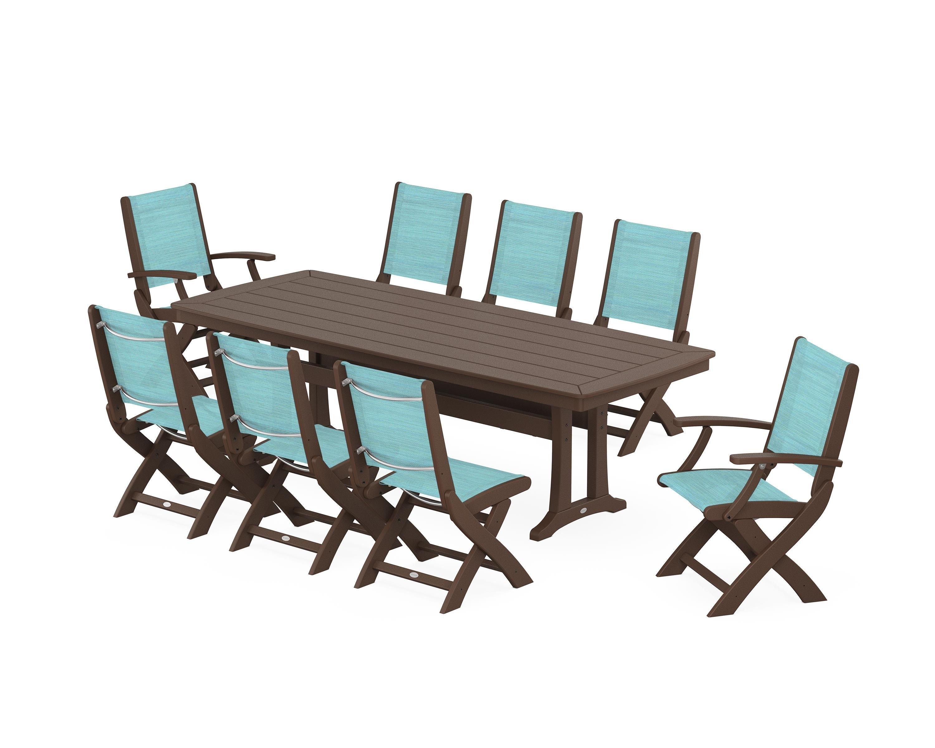 POLYWOOD® Coastal Folding 9-Piece Dining Set with Trestle Legs in Mahogany / Dupioni Aquamarine Sling