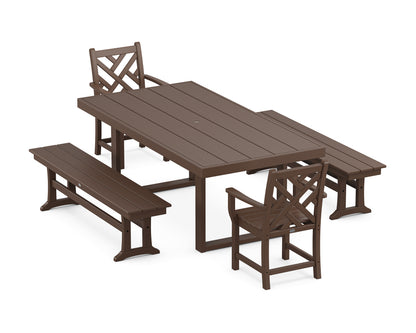 POLYWOOD® Chippendale 5-Piece Dining Set with Benches in Mahogany