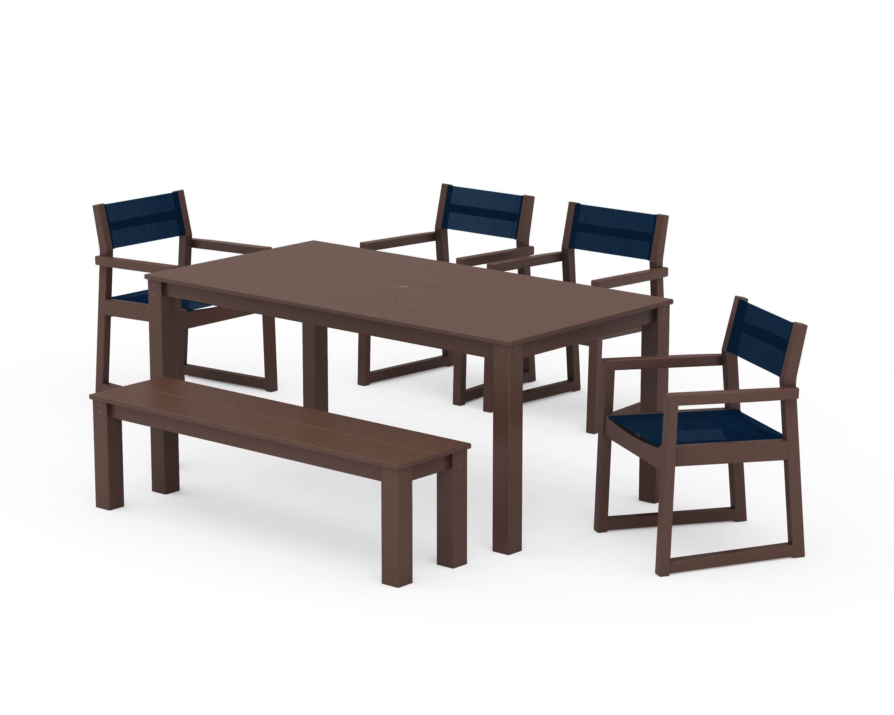 POLYWOOD® EDGE Sling Arm Chair 6-Piece Parsons Dining Set with Bench in Mahogany / Navy Blue Sling