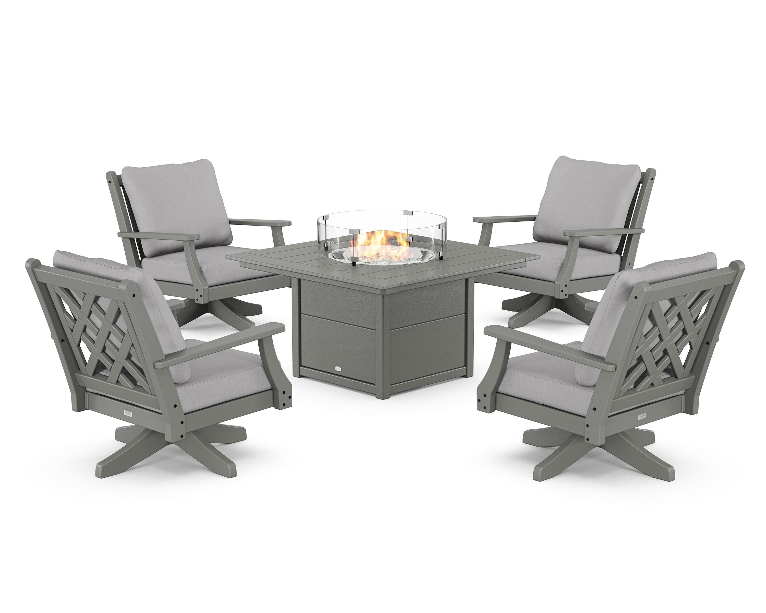 Country Living Wovendale 5-Piece Deep Seating Swivel Conversation Set with Fire Pit Table in Slate Grey / Granite