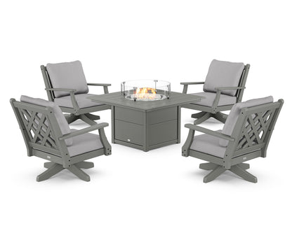 Country Living Wovendale 5-Piece Deep Seating Swivel Conversation Set with Fire Pit Table in Slate Grey / Granite