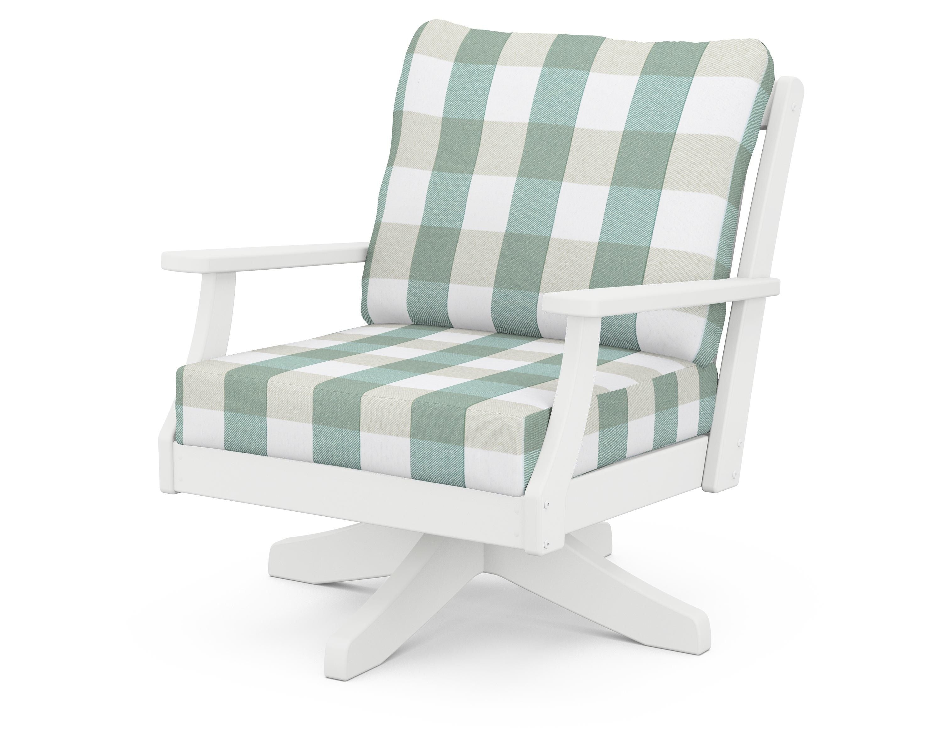 POLYWOOD® Braxton Deep Seating Swivel Chair in White / Buffalo Plaid Glacier Spa