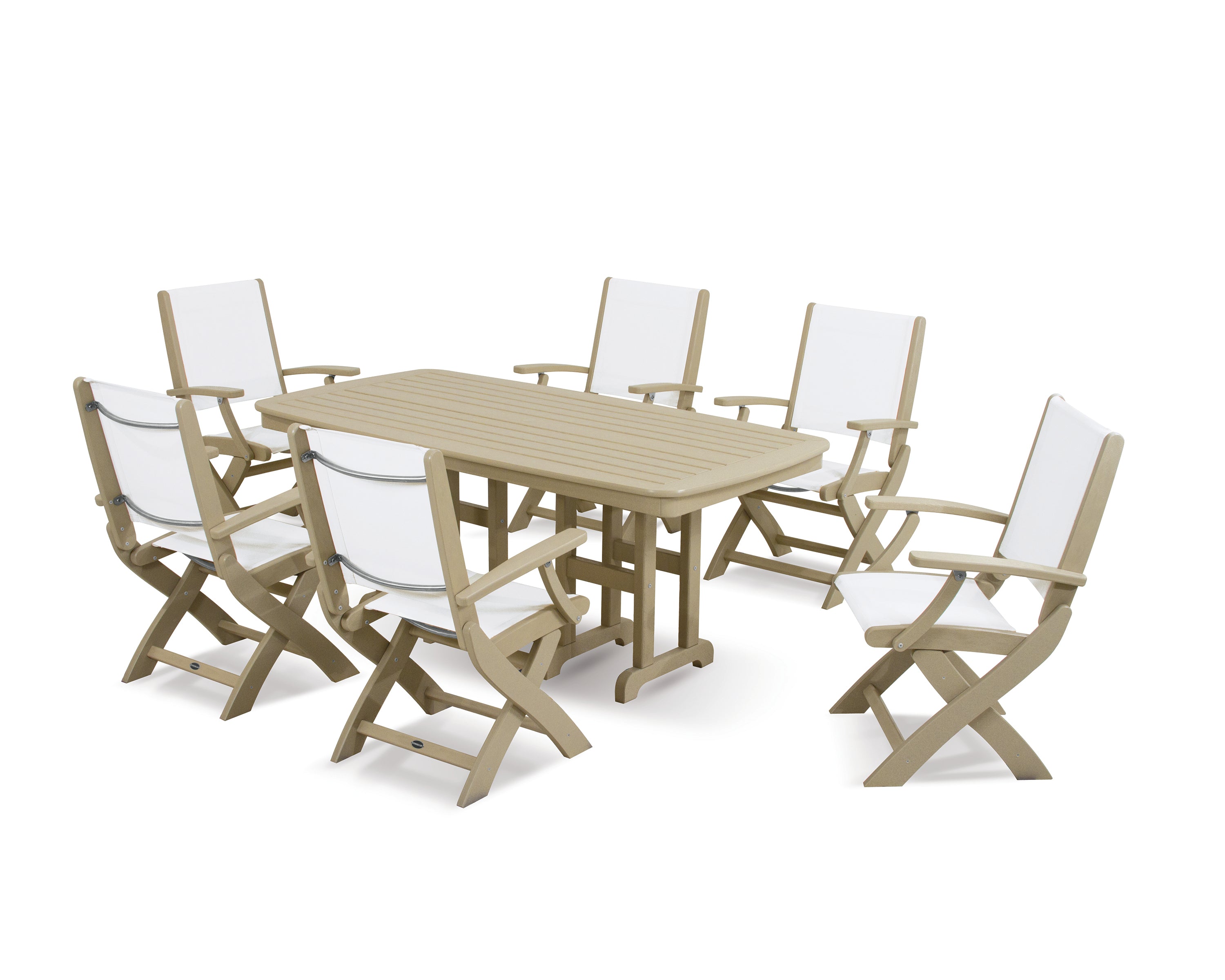 POLYWOOD® Coastal Folding Arm Chair 7-Piece Dining Set in Sand / White Sling
