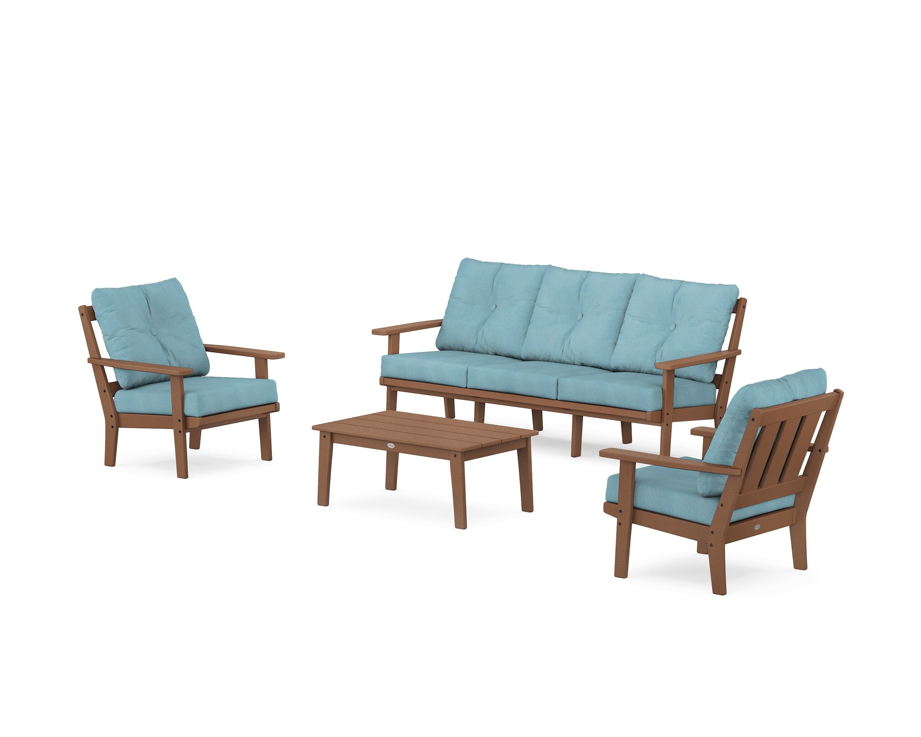 POLYWOOD® Oxford 4-Piece Deep Seating Set with Sofa in Teak / Lattice Sky Blue