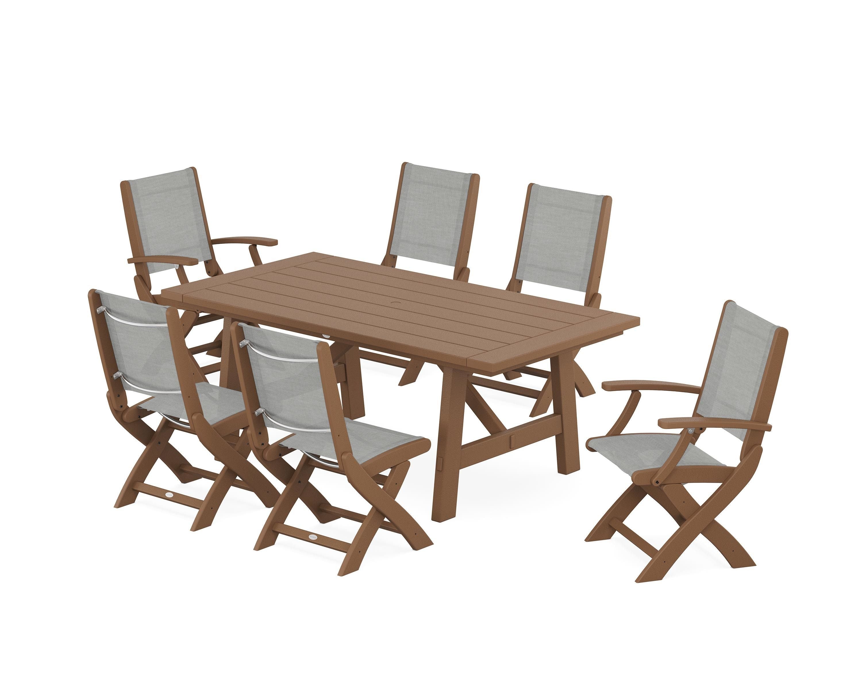 POLYWOOD® Coastal Folding Chair 7-Piece Rustic Farmhouse Dining Set in Teak / Metallic Sling