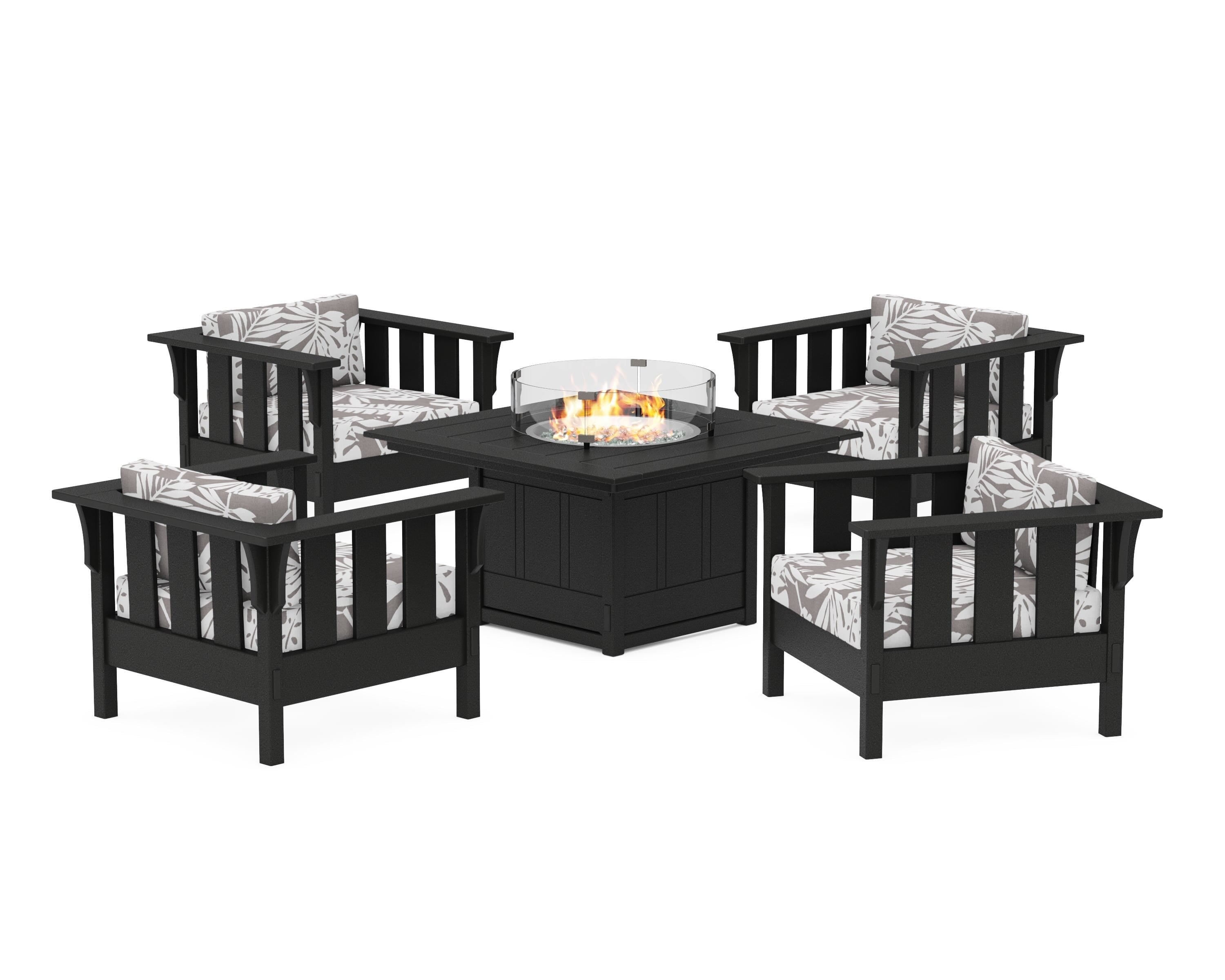 Martha Stewart by POLYWOOD® Acadia 5-Piece Deep Seating Set with Fire Pit Table in Black / Leaf Grey Mist
