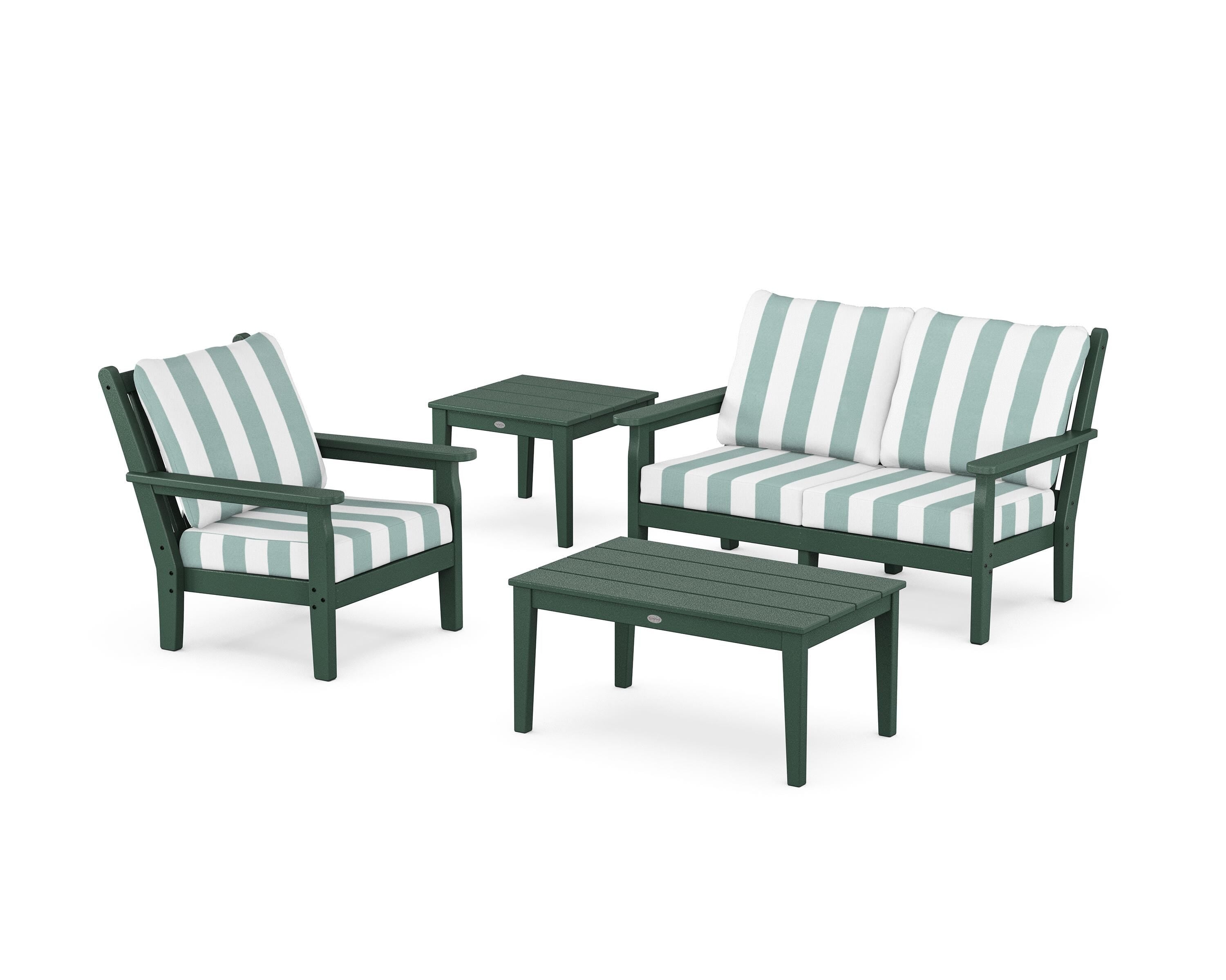 POLYWOOD® Chippendale 4-Piece Deep Seating Set in Green / Cabana Stripe Glacier Spa